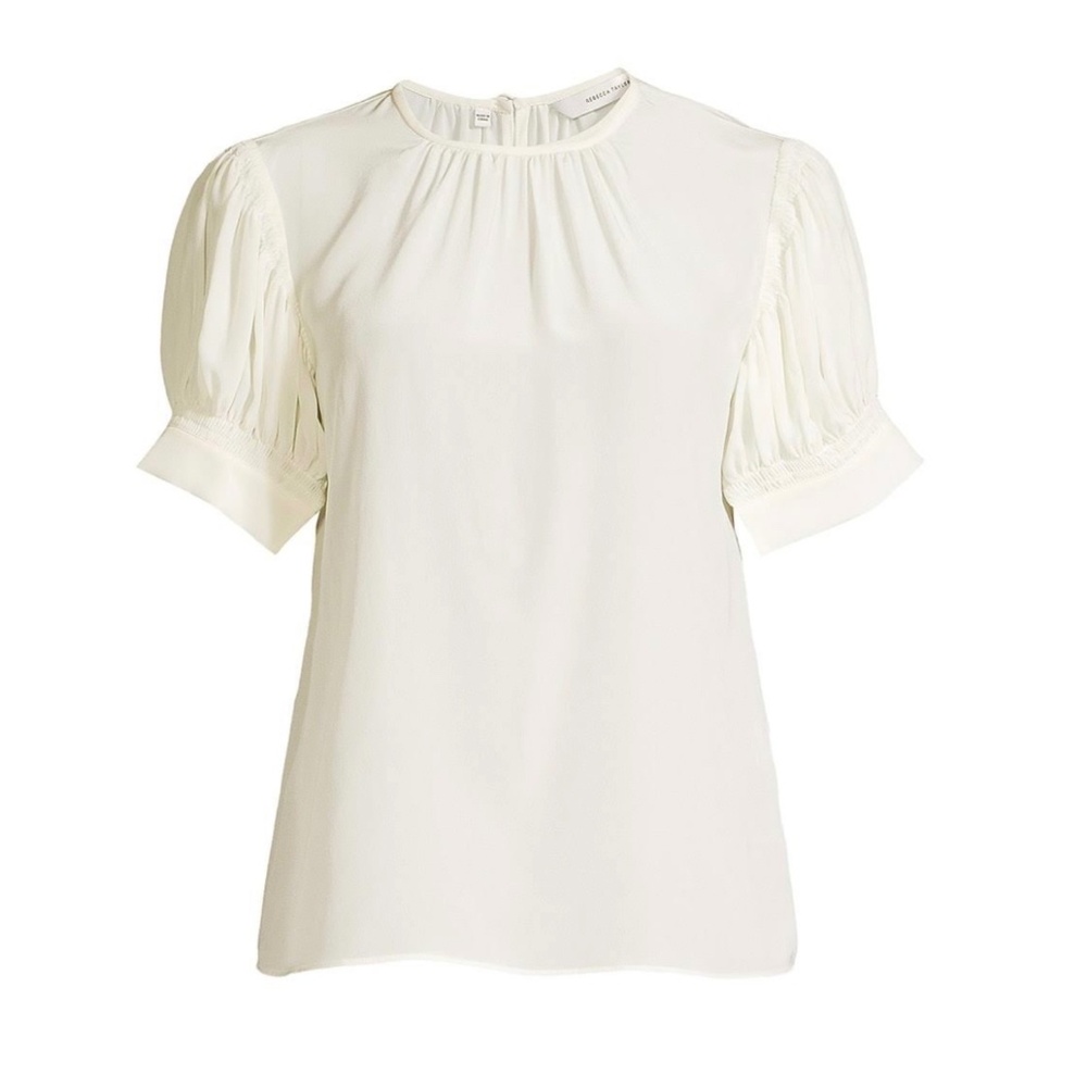 Rebecca Taylor Pleated Puff Sleeve Silk Blouse, Cream Color, Size XS